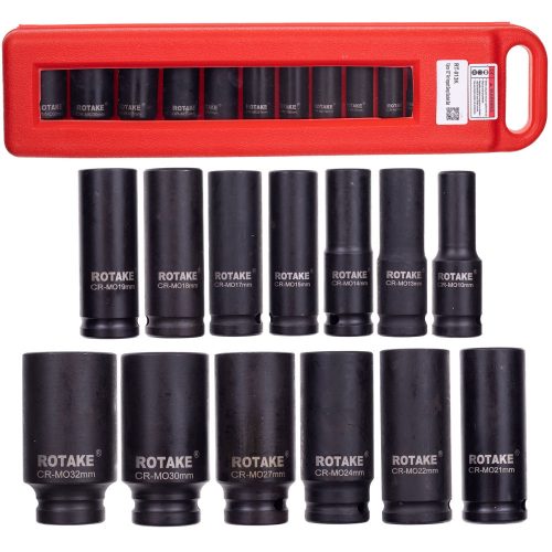 RT-013K 13 darabos Króm-vanádium acél (CRV) dugókulcs készlet pneumatikus ütvecsavarozókhoz tokban, 1/2"-os csatlakozás, 10-32 mm