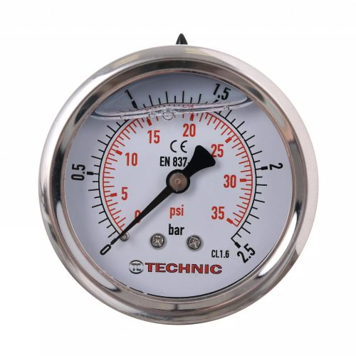 TC Technic Glicerines Nyomásmérő Óra/Manométer, 63 mm, 1/4" Hátsó Csatlakozás, 0-2,5 Bar