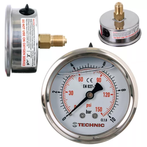 TC Technic Glicerines Nyomásmérő, 63 mm, 10 Bar, 1/4"