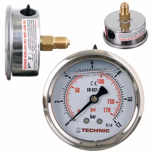 TC Technic Glicerines Nyomásmérő Óra, 63 mm, 0-12 Bar