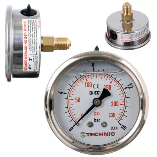 TC Technic Glicerines Nyomásmérő Óra 63mm, 0-16 Bar, 1/4" Hátsó Csatlakozás
