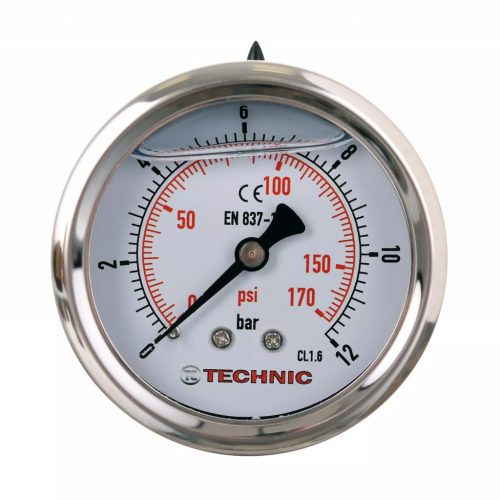 TC Technic glicerines nyomásmérő óra - 63 mm, 1/4" hátsó csatlakozás, 0-600 Bar