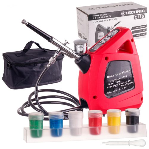 Modellező Kompresszor TC Technic C113 Olajmentes 0,3 mm Precíziós Festékszóró Készlet, 230V, 0-2 bar, 10-15 l/perc