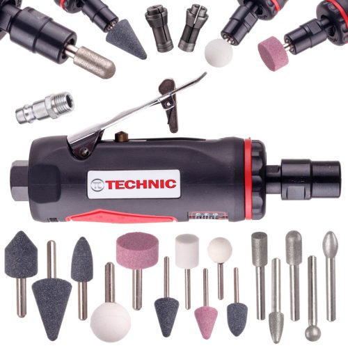 TC TECHNIC 6 mm-es Pneumatikus Mini Csiszoló + Kiegészítő Készlet, 25 000 fordulat/perc, 100 L/perc levegő igény, 150 mm hosszúság, 0,4 kg