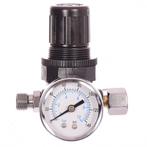 Membránnyomáscsökkentő és Manométer Szórópisztolyokhoz - Auarita AR-802 (Csatlakozó menetek: 1/4" M x 1/4" M, Névleges nyomás: 0-8 bar, Maximális nyomás: 10,3 bar)