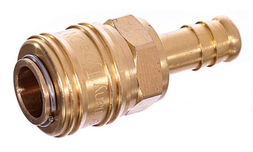 Pneumatikus gyorscsatlakozó aljzat TYP26 - 10 mm-es tömlőkhöz, stop rendszerű, sárgarézből készült, 55 mm teljes hossz, 24 mm fúvóka befogadás