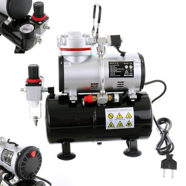 Professzionális Fengda AS-189 Airbrush Kompresszor 3 Literes Tartállyal, Szűrővel és Nyomásmérővel (6 bar)
