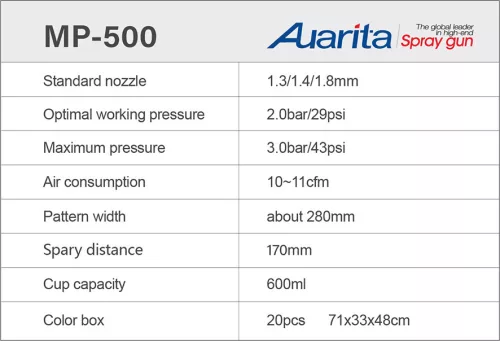Auarita MP-500 LVLP Szórópisztoly 2,0 mm, Rozsdamentes Acél