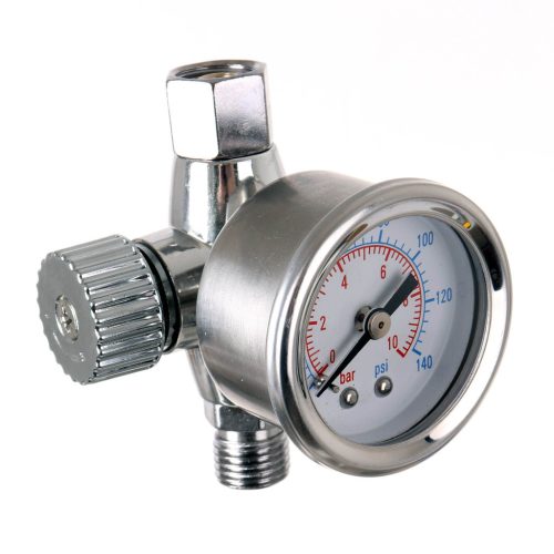 SicoPro 1/4" MINI Precíziós Nyomáscsökkentő Festékszóró Pisztolyhoz, 0-10 bar / 0-140 PSI Manométer, 600 l/min Légáramlás