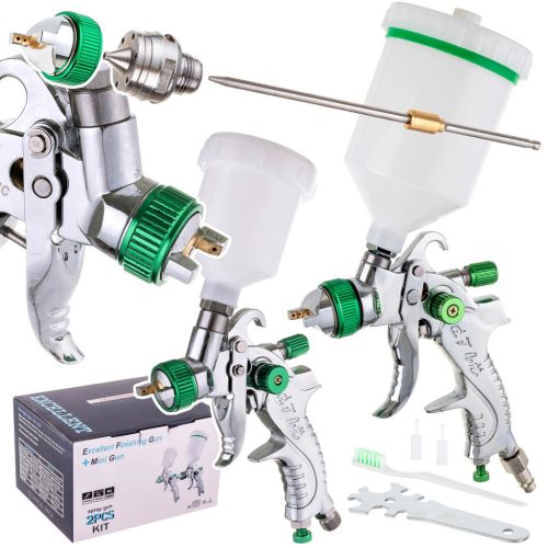 Professzionális HVLP Festékszóró Készlet - 0,8mm, 1,4mm, 1,7mm Fúvókákkal, Két Pisztoly, 600ml és 125ml Tartály - TC Technic SET601
