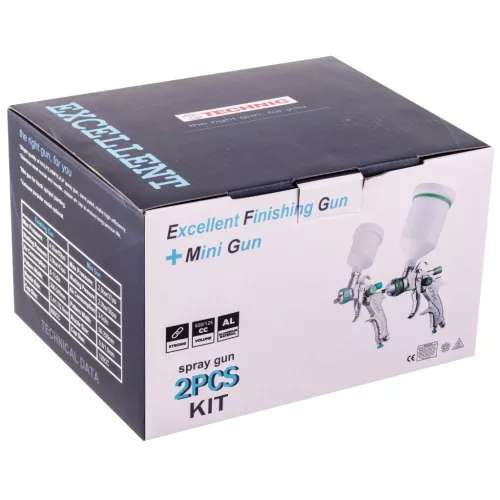 TC Technic HVLP festékszóró készlet két pisztollyal (H-601 és H-602), 600 ml-es és 125 ml-es tartállyal, három fúvókával (0,8 / 1,4 / 1,7 mm)