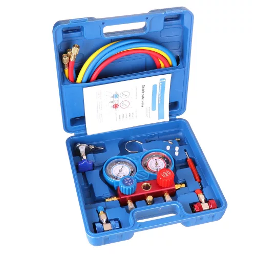 R134A Klíma Nyomásmérő Töltő Készlet, 140cm Tömlő, Kofferben