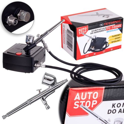 Csendes Mini Airbrush Kompresszor 0,3 mm-es Fúvókával, 25 PSI Maximális Nyomással és Start-Stop Funkcióval - Technic TC-100AK