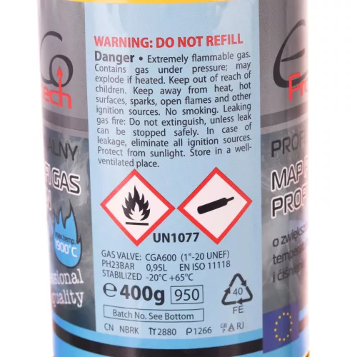 MAPP Propilén Gázpalack, 2300°C, 400g, 1" Csatlakozás