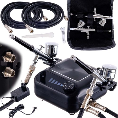 Tökéletes airbrush készlet kompresszorral, két festékszóróval és tömlőkkel - TC Technic HS-A9KBLACK, 230V, 2,80 bar, 0,3 mm fúvóka