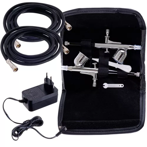 TC Technic HS-A9KBLACK Airbrush Készlet Kompresszorral és Két Festékszóróval