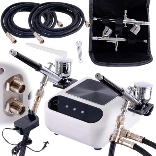Tökéletes airbrush készlet - TC Technic WHS-A10K FEHÉR, Kompresszorral és Két Festékszóróval, Automatikus Leállítás és Digitális Szabályozás