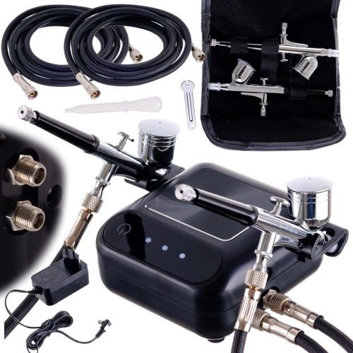 Tökéletes Airbrush Készlet: Kompresszor, Két Festékszóró, Automatikus Leállítás, Digitális Szabályozás - TC Technic WHS-A10K FEKETE
